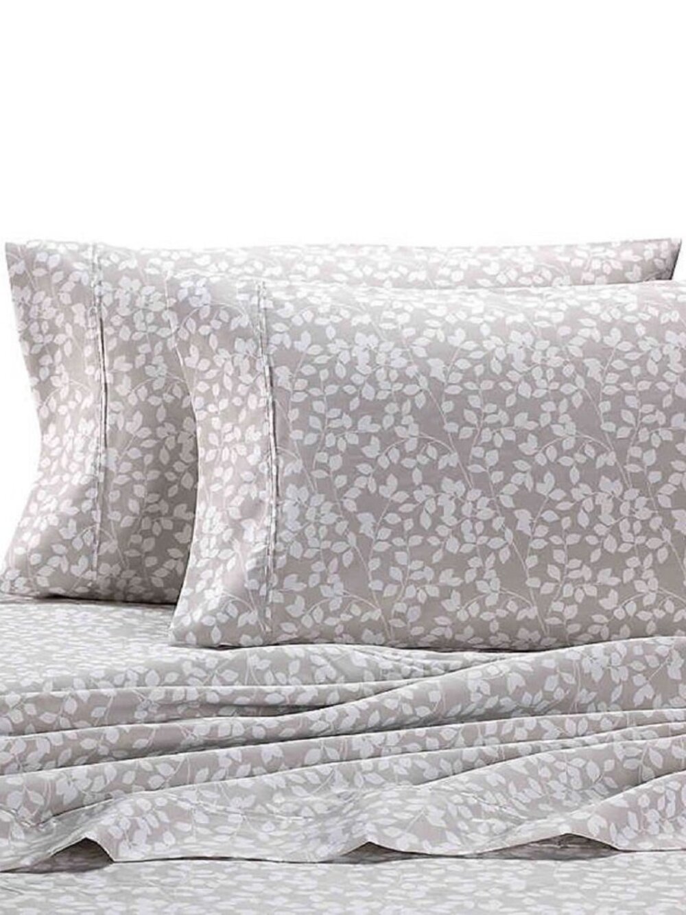 new Heartland 400 TC 100% Cotton Sateen KING Pillowcases - WHITE LEAF on GRAY